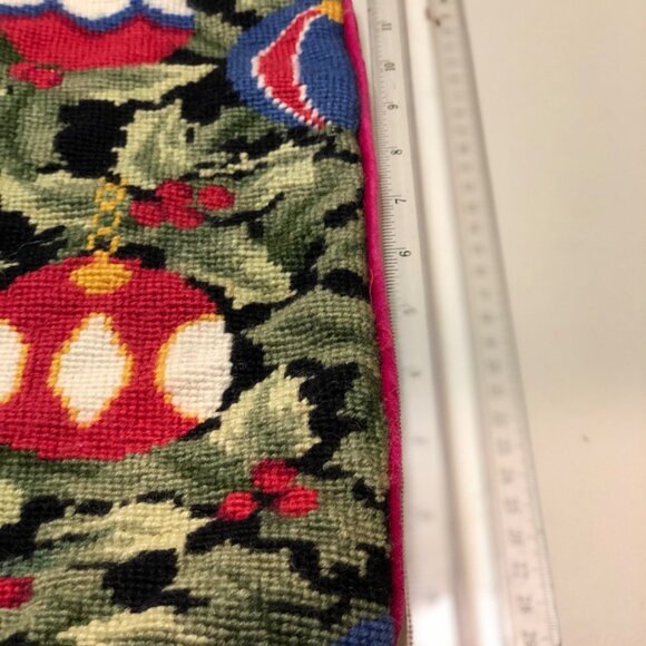 Handmade Needlepoint Christmas Pillow Cover with Ornament Design Red Velvet Back - Picture 10 of 10